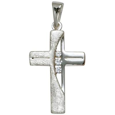 Anhänger Kreuz 925 Sterling Silber rhodiniert teileismatt 3 Zirkonia | 40689 / EAN:4053258220511