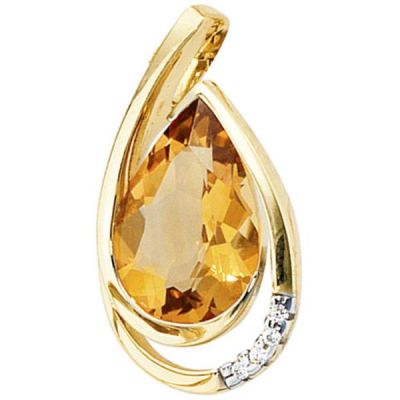 Anhänger Tropfen 585 Gold Gelbgold 4 Diamanten Brillanten 1 Citrin | 37819 / EAN:4053258053119