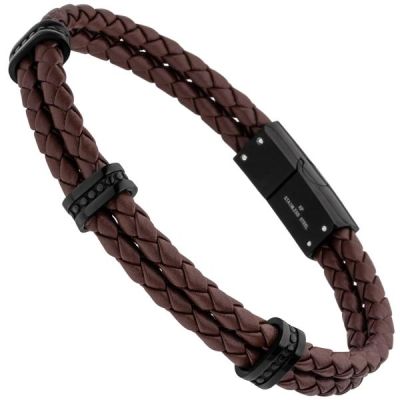 Armband 2-rehig Leder braun mit Edelstahl schwarz 21,5 cm | 53843 / EAN:4053258538012