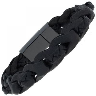Armband 2-reihig Leder mit Keramik schwarz geflochten 21 cm | 50550 / EAN:4053258356029