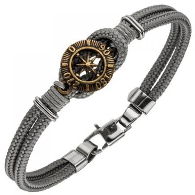 Armband Kompass 2-reihig Baumwolle grau mit Edelstahl 21 cm | 50595 / EAN:4053258356005