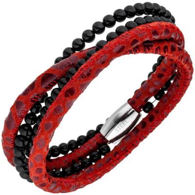 Armband Leder rot mit Onyx Kugeln und Edelstahl 19 cm | 48818 / EAN:4053258334089