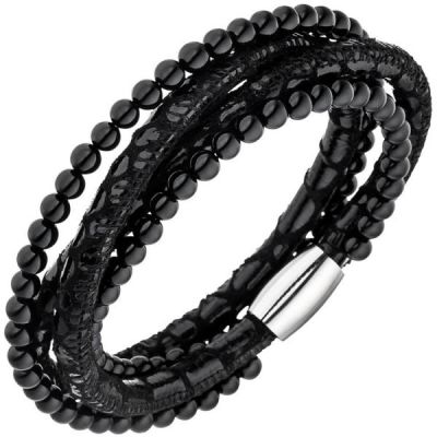 Armband Leder schwarz mit Onyx Kugeln und Edelstahl 19 cm | 48819 / EAN:4053258334096