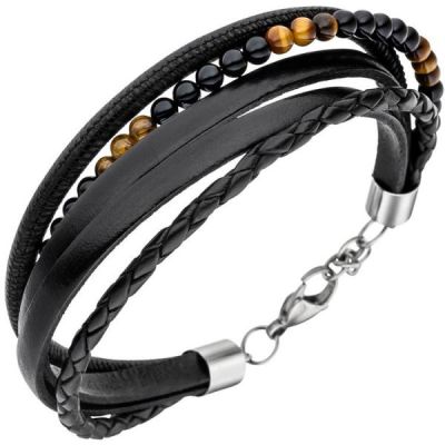 Armband Leder schwarz mit Onyx und Tigeraugen Kugeln 23 cm | 48821 / EAN:4053258334119