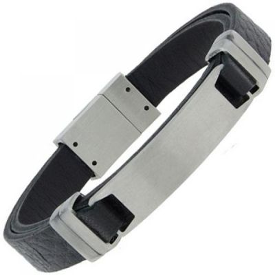 Armband mit Gravurplatte Leder schwarz und Edelstahl matt 21 cm | 50542 / EAN:4053258353011