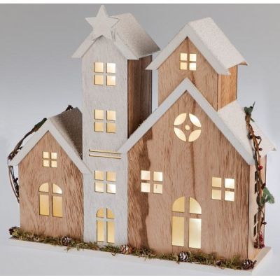 Beleuchtete Winterhäuser Holz mit LED Beleuchtung und Stern, 34 cm | 11546986 / EAN:4025809526557