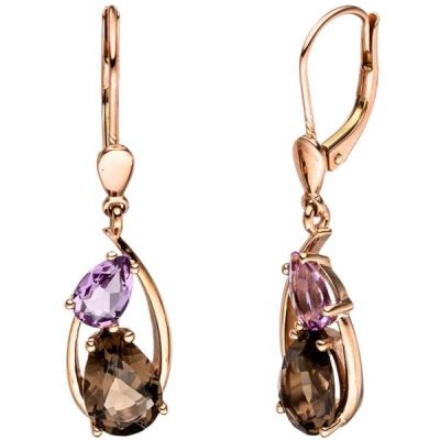 Boutons 585 Gold Rotgold 2 Rauchquarze 2 Amethyste Ohrringe | 44855 / EAN:4053258289808
