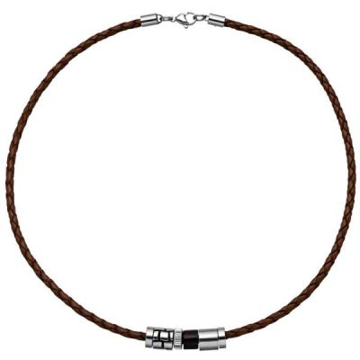 Collier Halskette Leder braun mit Edelstahl und Holz 45 cm Lederkette | 37916 / EAN:4053258086933