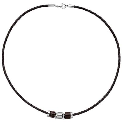 Collier Halskette Leder schwarz mit Edelstahl und Holz 45 cm Kette Lederkette | 35916 / EAN:4053258086926