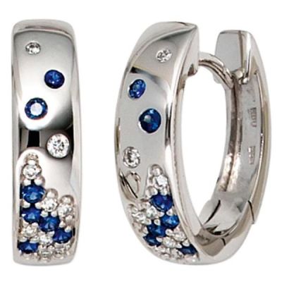 Creolen 585 Weißgold 18 Diamanten Brillanten 14 Saphire blau Ohrringe | 37854 / EAN:4053258055830