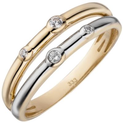 Damen Ring 2-reihig 333 Gelbgold bicolor 4 Zirkonia Goldring Größe 50 | 53602-50 / EAN:4053258534731