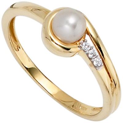 Damen Ring 333 Gelbgold 1 Perle 3 Zirkonia Goldring | 39905 / EAN:4053258236963