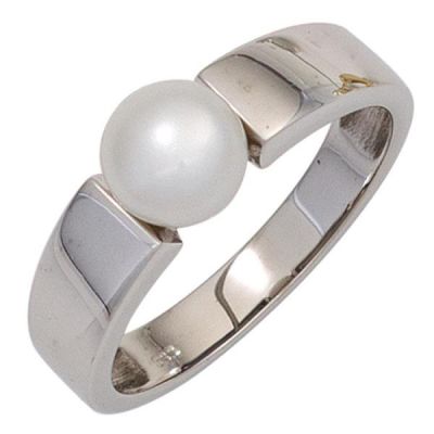 Damen Ring 333 Gold Weißgold 1 Perle, Goldring Perlenring | 42621 / EAN:4053258254714