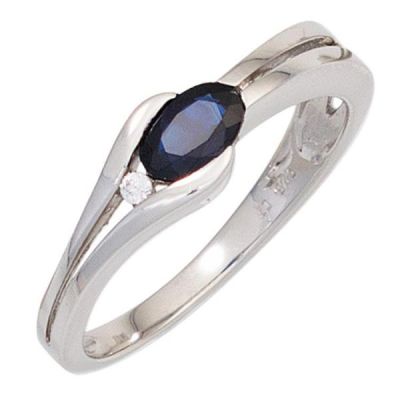 Damen Ring 333 Gold Weißgold 1 Safir blau 1 Diamant Brillant | 42523 / EAN:4053258252918