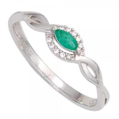 Damen Ring 333 Weißgold 1 Smaragd grün 10 Diamanten | 42520 / EAN:4053258252826