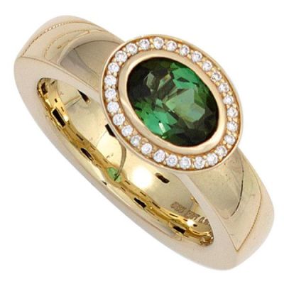 Damen Ring 585 Gold Gelbgold 1 Turmalin grün 28 Diamanten | 53946 / EAN:4053258526361