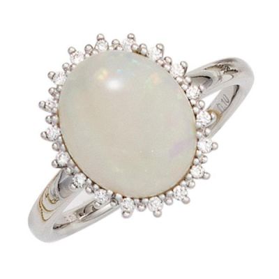 Damen Ring 585 Gold Weißgold Opal-Cabochon 18 Diamanten | 42407 / EAN:4053258249987