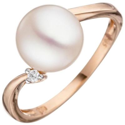 Damen Ring 585 Rotgold 1 Perle 1 Diamant Brillant | 46617 / EAN:4053258308318