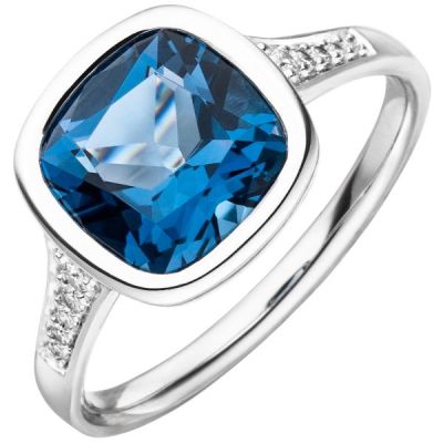 Damen Ring 585 Weißgold 1 Blautopas 10 Diamanten Brillanten | 54309 / EAN:4053258543993