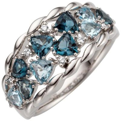 Damen Ring 585 Weißgold 10 Blautopase blau 8 Diamanten | 53370 / EAN:4053258520161