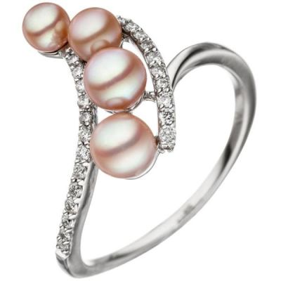 Damen Ring 585 Weißgold 4 Perlen rosa 24 Diamanten | 46747 / EAN:4053258314326