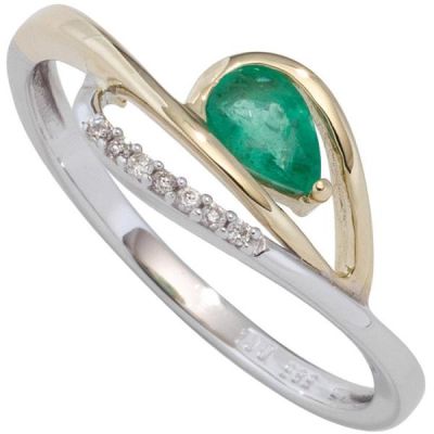 Damen Ring 585 Weißgold Gelbgold bicolor Smaragd grün 7 Diamanten | 44726 / EAN:4053258286654