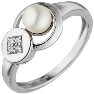 Damen Ring 925 Sterling Silber 1 Süßwasser Perle 4 Zirkonia Silberring | 37995