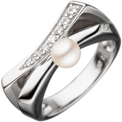 Damen Ring 925 Sterling Silber 1 Süßwasser Perle mit Zirkonia Perlenring | 45138
