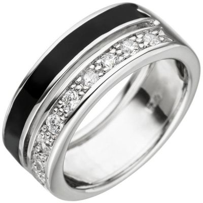 Damen Ring 925 Sterling Silber 9 Zirkonia und schwarze Lackeinlage | 48288 / EAN:4053258328491