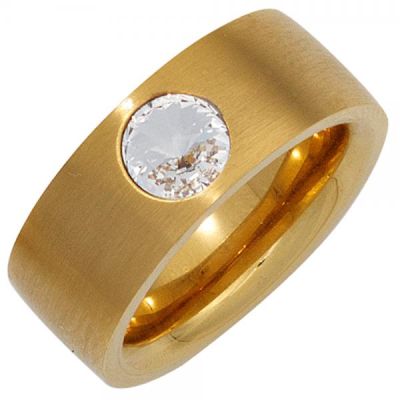 Damen Ring breit Edelstahl gold matt mit Kristallstein Größe 50 | 43606-50 / EAN:4053258269565