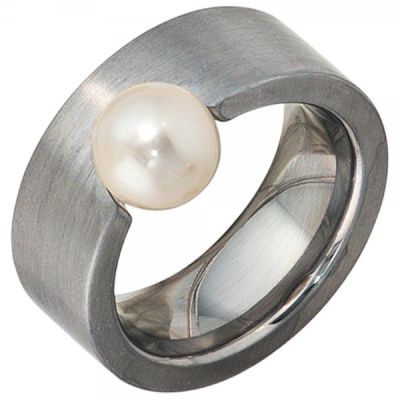 Damen Ring breit Edelstahl matt 1 Perle Größe 50 Perlenring | 33354-50 / EAN:4053258104842