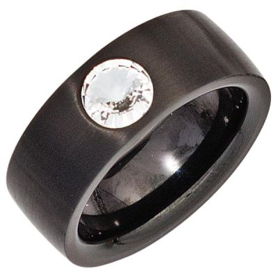 Damen Ring Edelstahl schwarz beschichtet mit Kristallstein | 43595