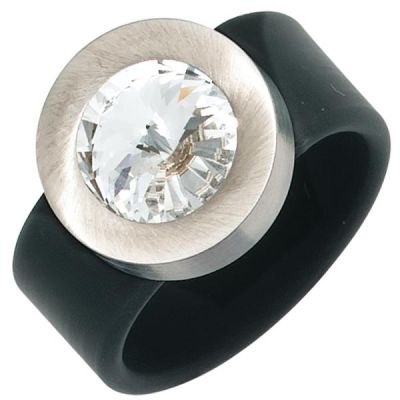 Damen Ring PVC mit Edelstahl kombiniert 1 Kristallstein schwarz | 40883