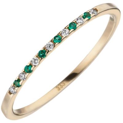 Damen Ring schmal 333 Gelbgold 7 Zirkonia grün weiß | 53609 / EAN:4053258535431