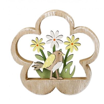 Deko-Blume 3D Holzblume mit Vogel-Blumendekor natur bunt 15 x 15 cm | 11688186 / EAN:4260715643114