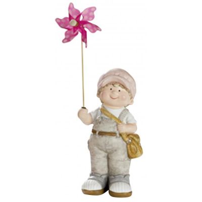 Deko-Figur-Kind Junge mit rosa Windrad stehend grau rosa 10 x 14 x 31 cm | 11688220 / EAN:4260715643435