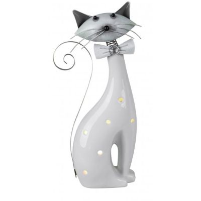 Dekofigur Katze inklusive LED-Licht LED-Windlicht Keramik Metall weiß grau  30 cm