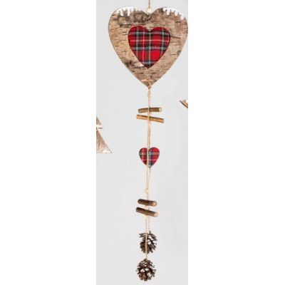 Dekohänger Herz aus Holz mit Stoff und Zapfen, 45 cm | 11546953 / EAN:4260491143662