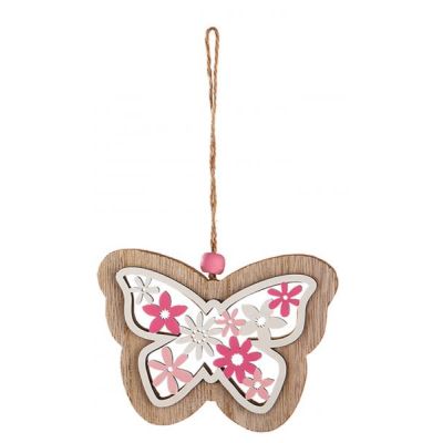 Fensterhänger Holz Schmetterling mit Blumen natur rosa weiß 10 x 17 cm | 11688157 / EAN:4260715642841