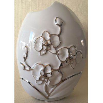 GILDE Deko Vase in Weiß mit silberner Blumenmusterung, 19 x 23 cm | 11556018 / EAN:4009079431674