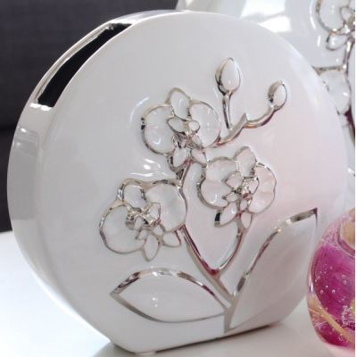 GILDE Deko Vase weiß mit silberner Blumenmusterung, 23 x 22 cm | 11556023 / EAN:4009079431728