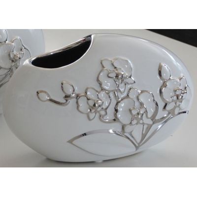 GILDE Deko Vase weiß mit silberner Blumenmusterung, 27 x 15 cm | 11556021 / EAN:4009079431704