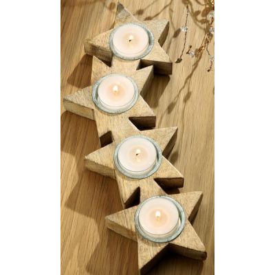 GILDE Holz-Tablett für vier Kerzen in Sternform aus Naturholz, 31 cm | 11542543 / EAN:4009079258738