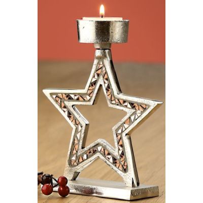 GILDE Kerzenhalter Stern aus Alu mit kupfernem Spiegelmosaik, 17 cm | 11542555 / EAN:4260491142450