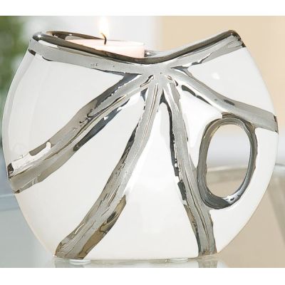 GILDE Teelichthalter aus Keramik in Platin Weiß, mit Struktur, 10,5 cm | 11552190 / EAN:4260491145901