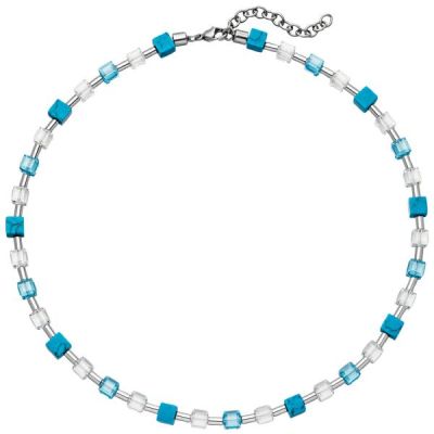 Halskette mit Kristallsteinen Türkis-Würfeln und Edelstahl 48 cm | 53507 / EAN:4053258524428