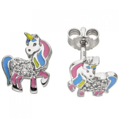 Kinder Ohrstecker Einhorn 925 Silber 14 Zirkonia Ohrringe Kinderohrringe | 50306 / EAN:4053258351536