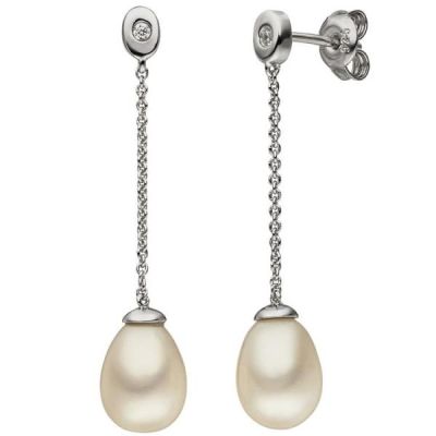 Ohrhänger 925 Sterling Silber 2 Süßwasser Perlen 2 Zirkonia Ohrringe | 52281 / EAN:4053258458488