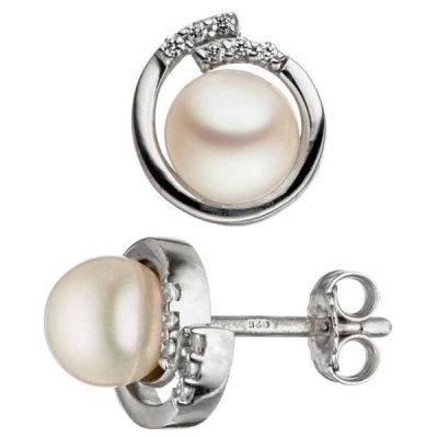 Ohrstecker 925 Sterling Silber mit 2 Süßwasser Perlen weiß und Zirkonia Ohrringe | 46253 / EAN:4053258305300