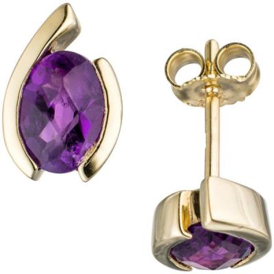 Ohrstecker oval 333 Gold Gelbgold 2 Amethyste lila violett Ohrringe | 44906 / EAN:4053258291474